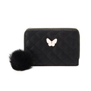 2/$30 Mini Black Quilted Wallet Butterfly Charm & Pom Pom Zipper Coin